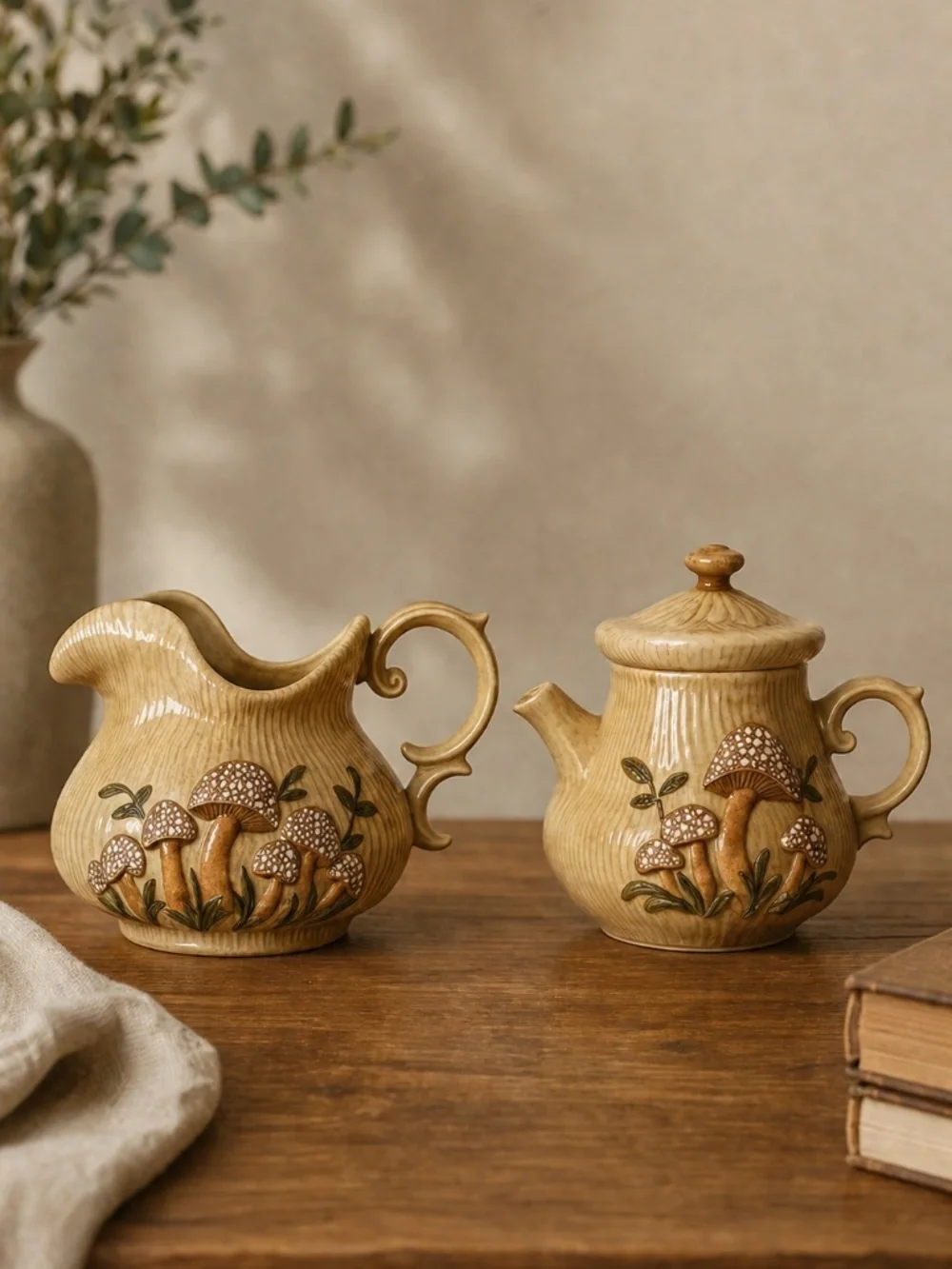 Arnel’s Beige Ceramic Mushroom Teapot Pitcher Set‎ 70s Cottagecore 2pc